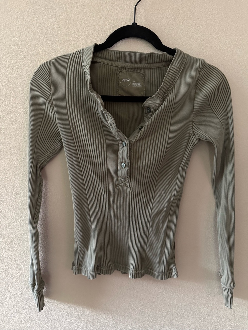 aerie Ribbed Henley Long Sleeve Top in Sage